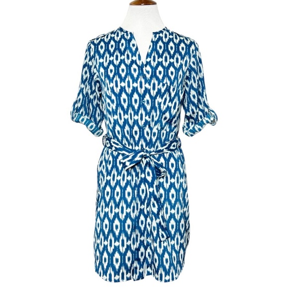 Anthropologie Teal Blue White Diamond Printed Tie Waist High Low Shirtdress XS - Picture 1 of 11